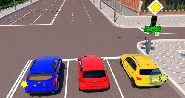 Какие из легковых автомобилей могут продолжить движение через перекрёсток в показанной ситуации при таком сигнале светофора?