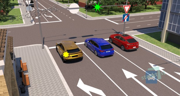 Какие из легковых автомобилей могут продолжить движение через перекрёсток в показанной ситуации при таком сигнале светофора?