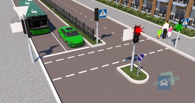 Разрешается ли пешеходу начать переход проезжей части дороги в показанной ситуации, если на пешеходном светофоре включился мигающий зелёный сигнал?