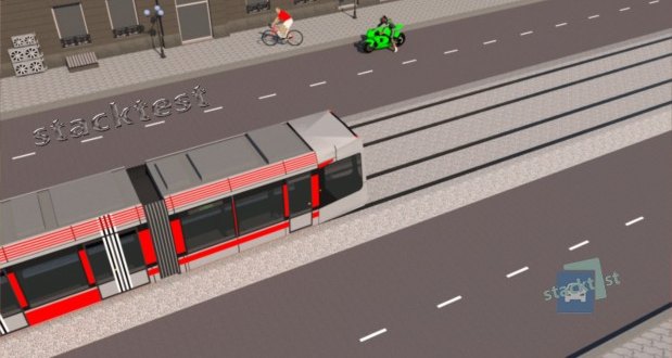 Сколько проезжих частей имеет дорога, изображённая на рисунке, если трамвайные пути оборудованы на одном уровне с проезжей частью дороги?