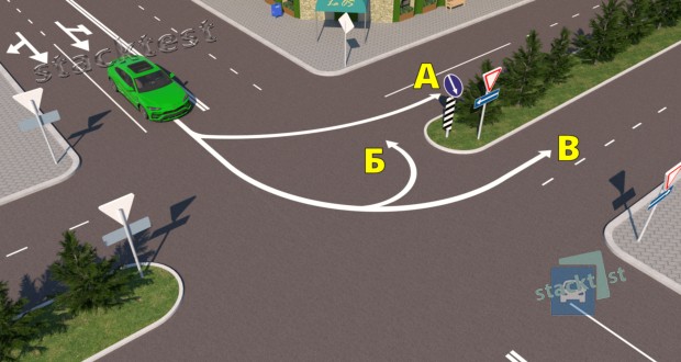 В каких направлениях разрешено продолжить движение водителю зелёного автомобиля?