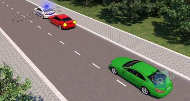 Что должен сделать водитель зелёного автомобиля при приближении к стоящему транспортному средству оперативного назначения в ситуации, показанной на рисунке?