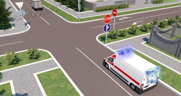 В каких направлениях разрешено продолжить движение водителю автомобиля скорой медицинской помощи на ближайшем перекрёстке?