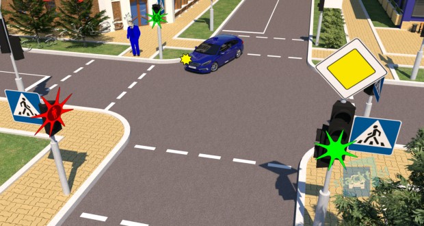 Кто имеет преимущество на регулируемом пешеходном переходе при разрешающем сигнале светофора?