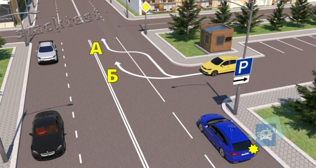 Разрешено ли водителю жёлтого легкового автомобиля повернуть направо по какой-либо из показанных траекторий для дальнейшего поворота налево на перекрестке?