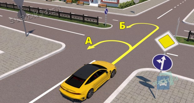 По ка кой из показанных на рисунке траекторий водителю жёлтого автомобиля разрешено совершить разворот?