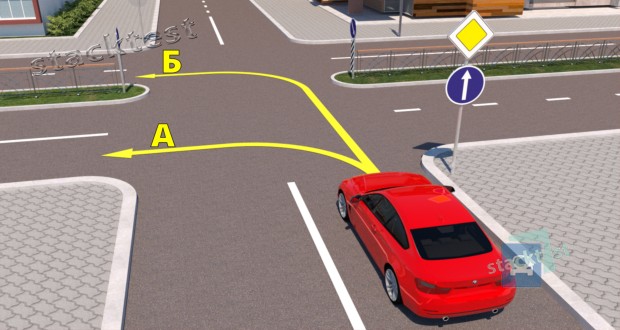 Разрешено ли водителю красного легкового автомобиля продолжить движение по показанным на рисунке траекториям?