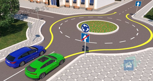 Кто из водителей выбрал правильную траекторию для движения через показанный на рисунке перекрёсток?
