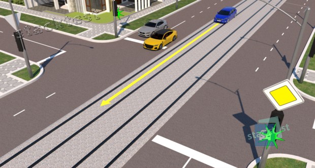 Разрешается ли водителю синего автомобиля проехать перекрёсток в прямом направлении, как показано на рисунке?