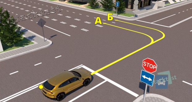 По какой из указанных траекторий водитель жёлтого автомобиля осуществит поворот налево в соответствии с Правилами дорожного движения?