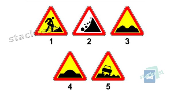 Какой из показанных на рисунке дорожных знаков информирует водителей о приближении к участку дороги с неровностями на проезжей части (волнами, наплывами, гребёнкой)?