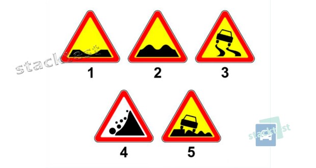 Какой из показанных на рисунке дорожных знаков информирует водителей о приближении к участку дороги, имеющему повреждения покрытия в виде отдельных выбоин, просадок?
