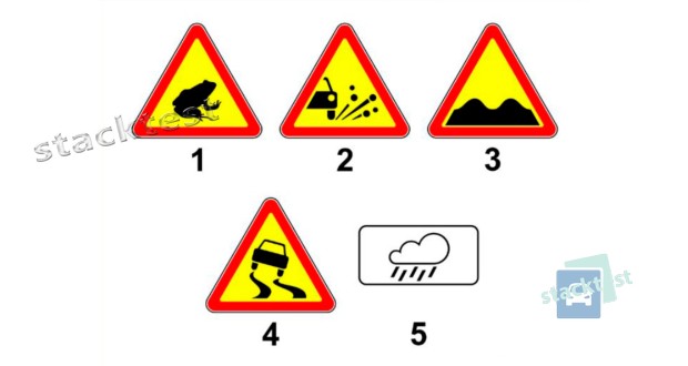Какой из показанных на рисунке дорожных знаков применяется для информирования водителей о приближении к участку дороги, на котором возможны массовые появления земноводных на проезжей части?