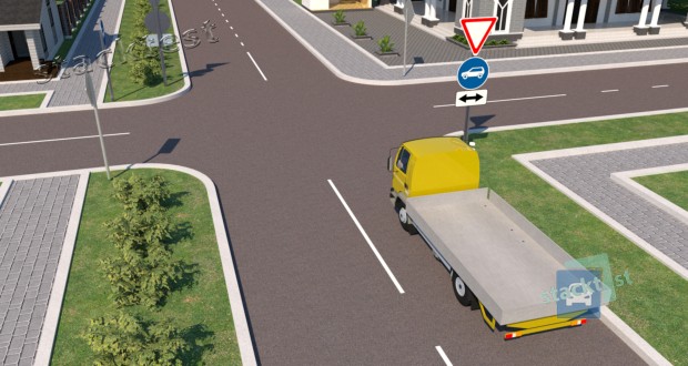 В каких направлениях в показанной ситуации разрешено продолжить движение водителю грузового автомобиля с технически допустимой общей массой не более 3.5 тонны?