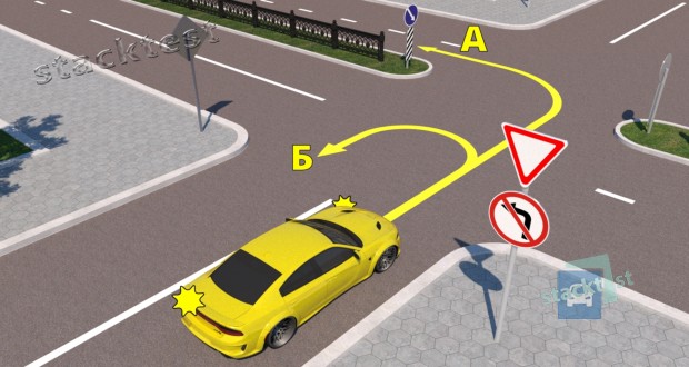 В каких направлениях из показанных на рисунке разрешено продолжить движение водителю жёлтого легкового автомобиля?