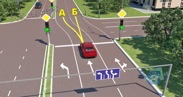 По какой из показанных на рисунке траекторий разрешено проехать перекрёсток водителю красного автомобиля?