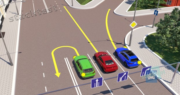 Кто из водителей в ситуации, изображённой на рисунке, нарушит Правила дорожного движения, проехав перекрёсток в показанных направлениях?
