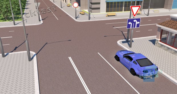 Разрешается ли в показанной ситуации водителю синего легкового автомобиля проехать перекрёсток прямо?