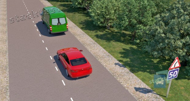 Нарушает ли Правила дорожного движения водитель зелёного автомобиля, двигаясь в указанной ситуации со скоростью 45 км/ч?