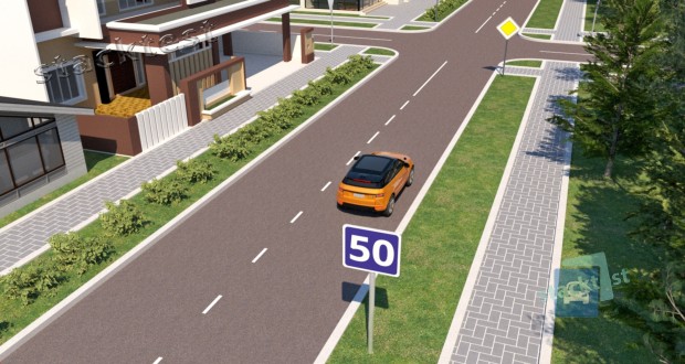 Распространяется ли зона действия дорожного знака «Рекомендуемая скорость» на участок дороги за показанным на рисунке перекрёстком?