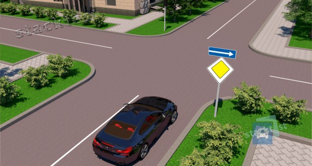 В каких направлениях разрешено продолжить движение водителю синего легкового автомобиля в показанной ситуации?