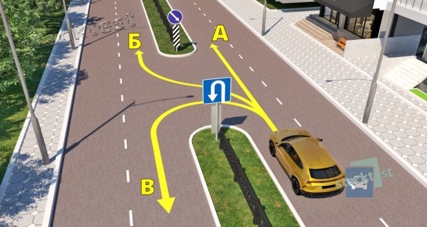 В каких направлениях из показанных стрелками на рисунке разрешается продолжить движение в населённом пункте водителю жёлтого легкового автомобиля?