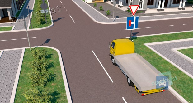 Разрешено ли водителю грузового автомобиля с технически допустимой общей массой не более 3.5 тонны повернуть налево в показанной ситуации?