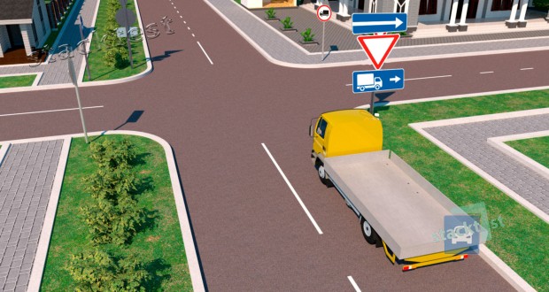 В каких направлениях разрешено продолжить движение водителю грузового автомобиля с технически допустимой общей массой не более 3.5 тонны?