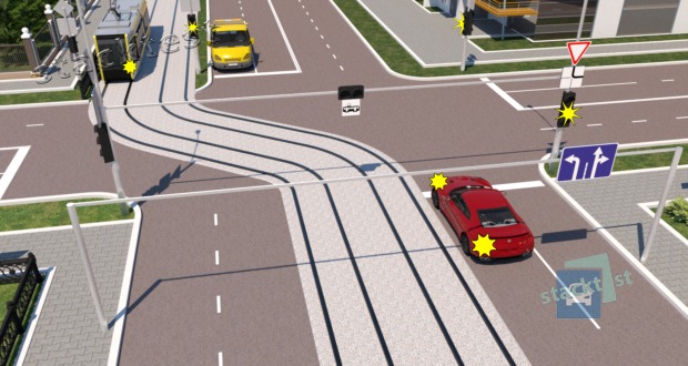 В показанной ситуации (на светофоре включён жёлтый мигающий сигнал) при повороте налево водитель легкового автомобиля: