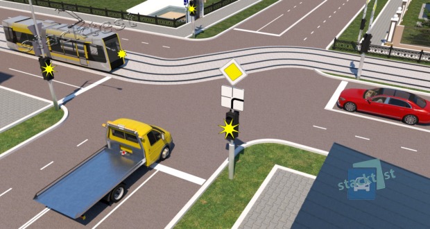 В показанной ситуации (на светофоре включён жёлтый мигающий сигнал) при движении прямо водитель легкового автомобиля: