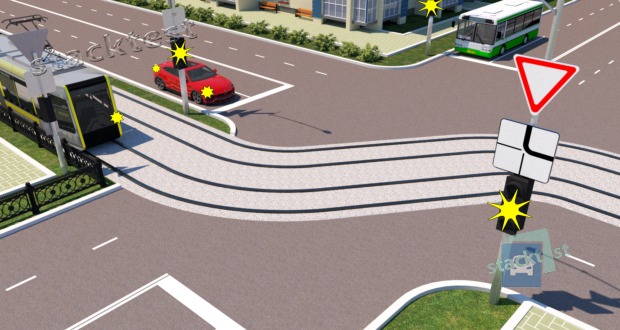 В показанной ситуации (на светофоре включён жёлтый мигающий сигнал) при повороте направо водитель легкового автомобиля: