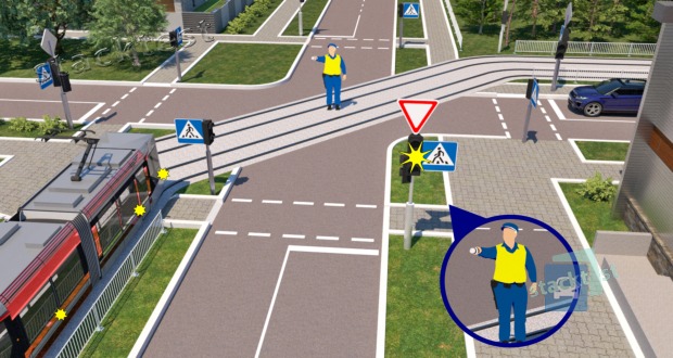 Как в показанной ситуации должен поступить водитель синего легкового автомобиля, если ему необходимо проехать прямо?