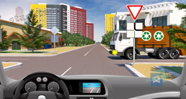 Как Вы должны поступить, подъехав к перекрёстку для поворота направо в показанной ситуации, если водитель грузового автомобиля намерен развернуться на перекрёстке?