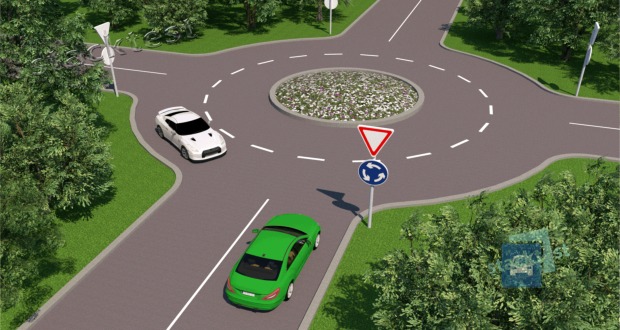 В показанной ситуации при выезде на перекрёсток с круговым движением водитель зеленого автомобиля: