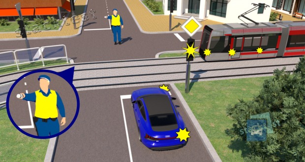 Как в показанной ситуации должен поступить водитель синего легкового автомобиля, если ему необходимо повернуть направо?