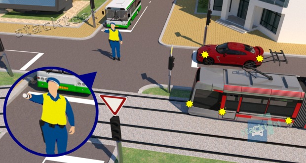 Как в показанной ситуации должен поступить водитель красного легкового автомобиля, если ему необходимо повернуть налево?