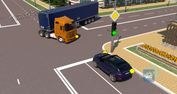 Должен ли водитель синего легкового автомобиля при включении разрешающего сигнала светофора уступить дорогу автопоезду, не успевшему совершить разворот?