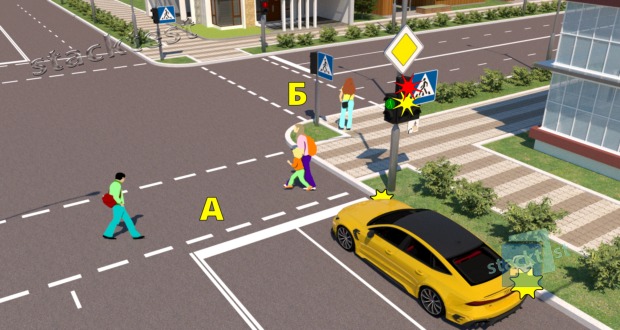 При включении разрешающего сигнала в показанной обстановке кому должен предоставить преимущество водитель жёлтого легкового автомобиля, поворачивающего направо?