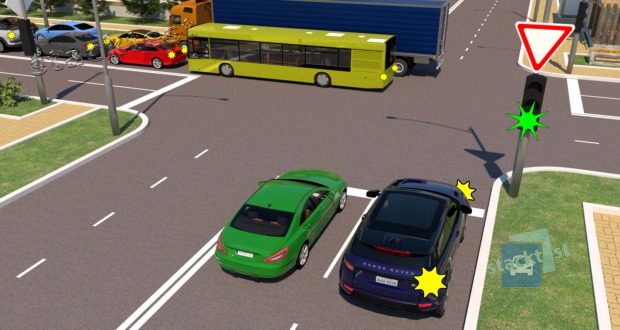 Разрешается ли водителю зелёного легкового автомобиля выехать на перекрёсток для дальнейшего движения прямо при включении зелёного сигнала светофора?