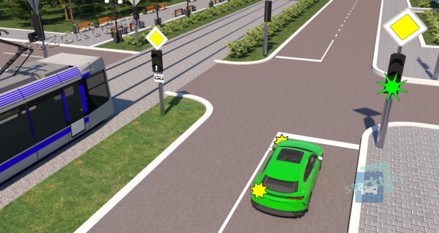 Как в показанной ситуации должен поступить водитель зелёного легкового автомобиля?