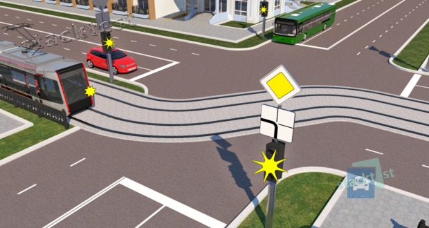 На светофоре включён жёлтый мигающий сигнал. В сложившейся обстановке водитель легкового автомобиля при движении прямо: