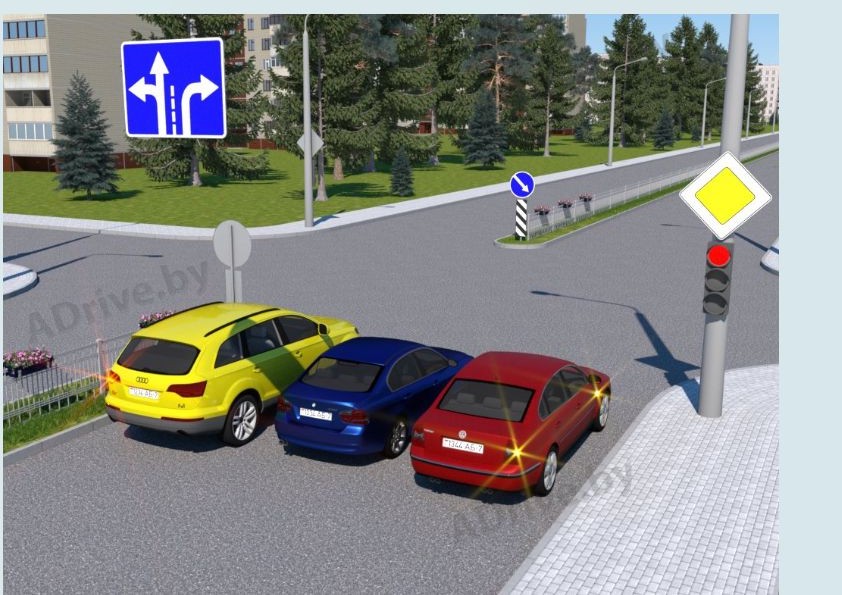 Нарушил ли Правила дорожного движения водитель синего легкового автомобиля, заняв показанное положение на проезжей части дороги для движения прямо на перекрёстке?