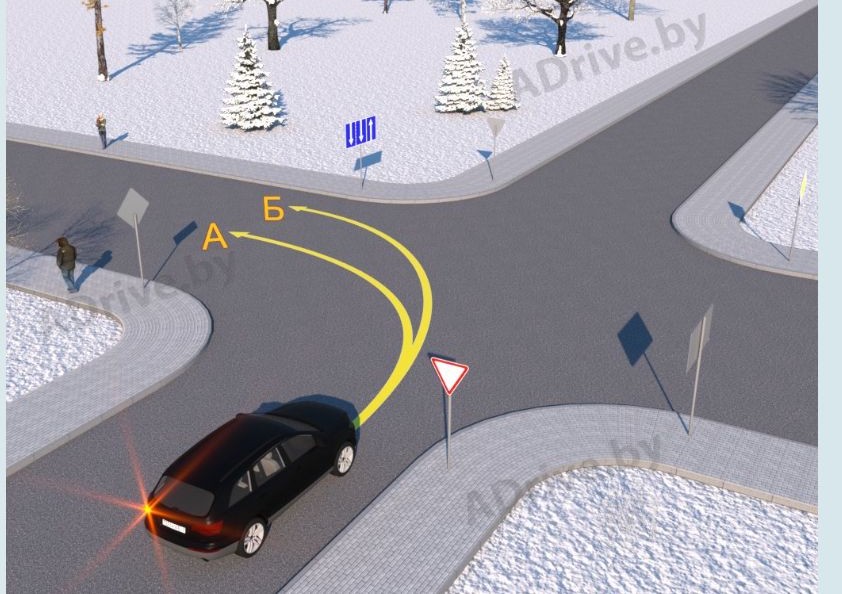 По какой траектории водителю чёрного легкового автомобиля следует выполнить поворот налево?