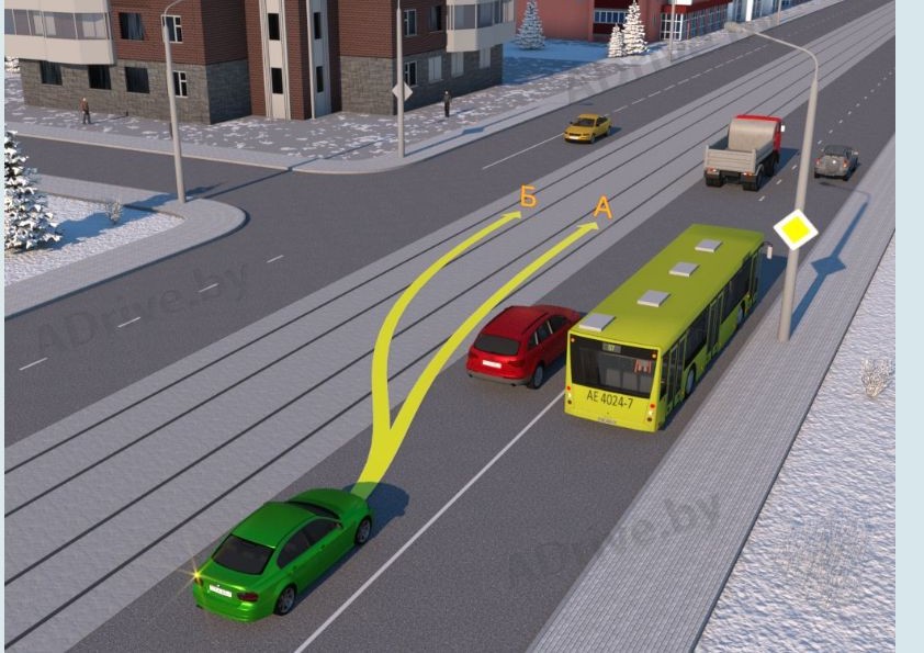 По какой из показанных траекторий разрешается выполнить опережение водителю зелёного легкового автомобиля?