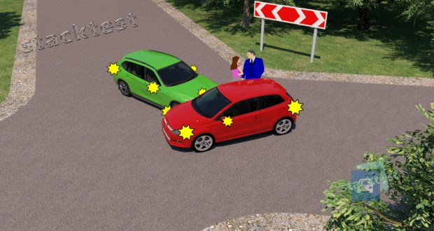 Должен ли быть выставлен знак аварийной остановки в показанной ситуации при дорожно-транспортном происшествии, если на транспортных средствах включена аварийная световая сигнализация?
