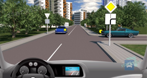 Должны ли Вы подавать сигнал световым указателем поворота в показанной ситуации, есл и Вы на перекрёстке съезжаете с главной дороги?