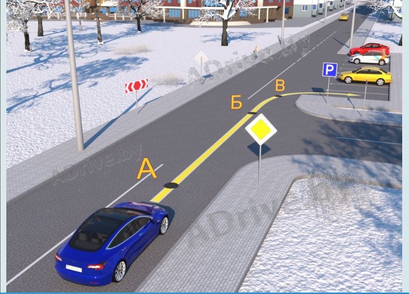В какой из указанных точек водитель синего автомобиля должен подать сигнал световыми указателями правого поворота?