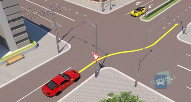 Должен ли водитель красного автомобиля при движении через перекрёсток по указанной траектории подавать сигнал световыми указателями правого поворота?