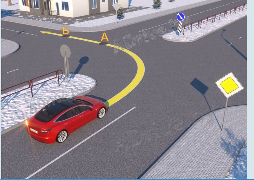 В какой точке водитель красного автомобиля должен прекратить подачу сигнала световыми указателями поворота? 