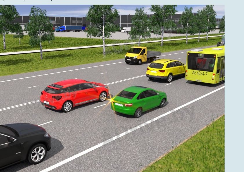 В каком случае водителю зелёного автомобиля разрешается перестроиться на левую полосу движения, если полосы движения равномерно заняты движущимися транспортными средствами?